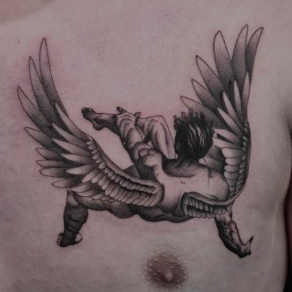Icarus tattoo fine line tattoo black and grey tattoo blackwork tattoo yyc tattoo calgary tattoo illustrative tattoo