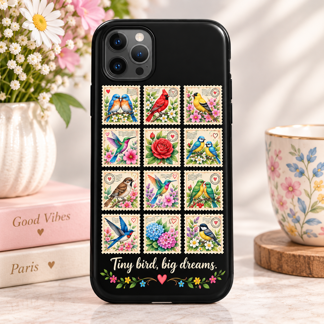 Tiny Bird Big Dreams Phone Case,Vintage Bird Stamp Floral iPhone Case