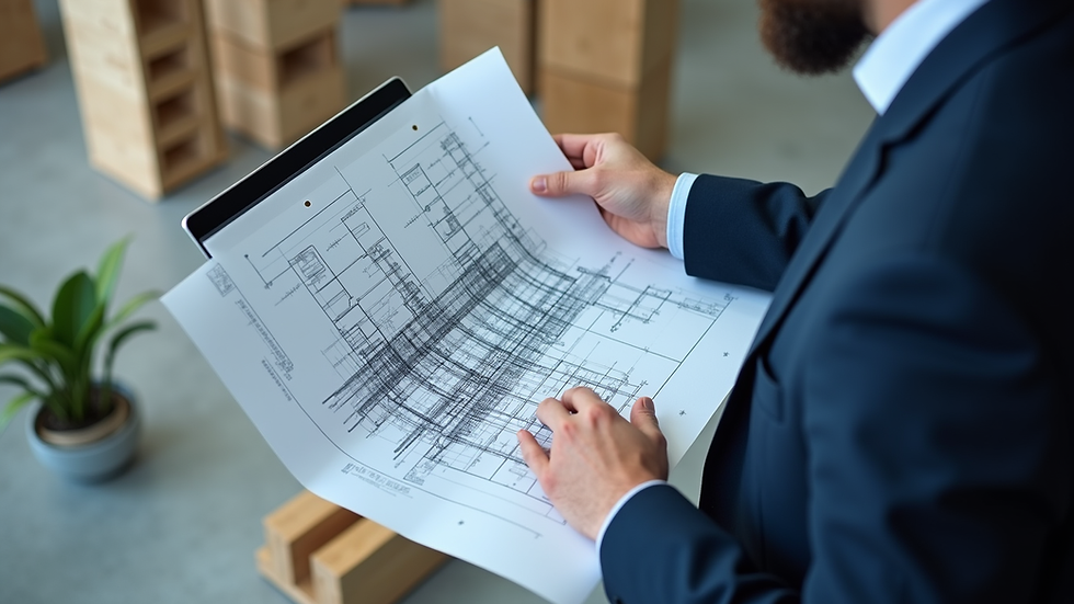 High angle view of a construction consultant reviewing digital blueprints on a laptop