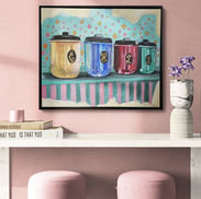 Colourful acrylic painting of vintage kitchen canisters on a striped surface with a teal floral background.
