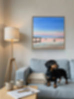 A serene original painting of a Bribie Island morning in Queensland, showing a quiet pier, calm water, and soft pastel skies.