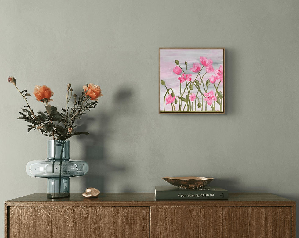 Acrylic painting of soft pink poppy-like flowers with slender green stems set against a gentle pastel background of blush, gr