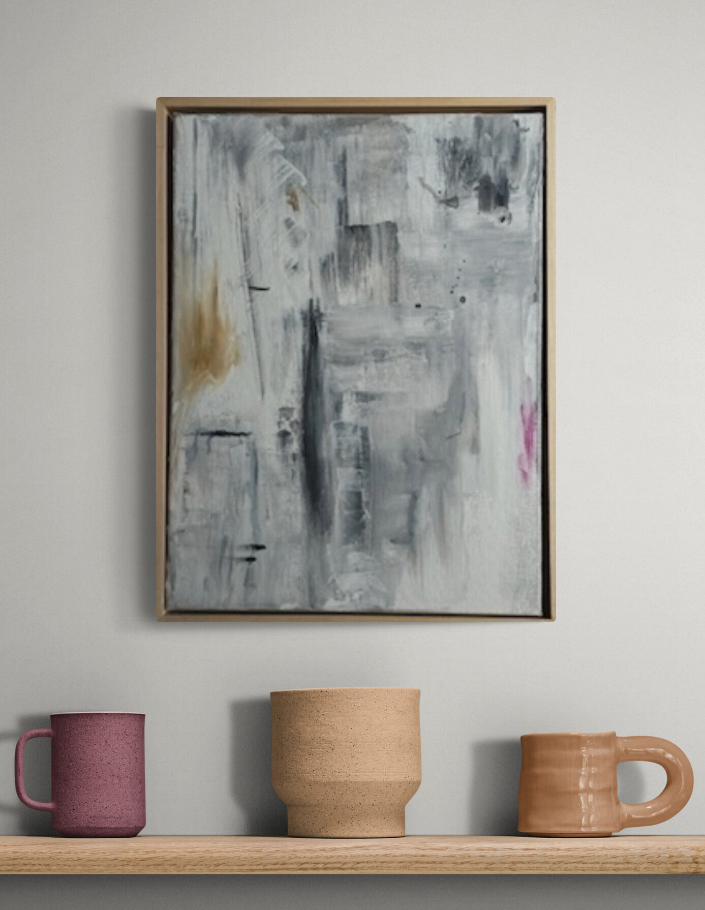 Abstract painting in grayscale with textured black, white, and gray brushstrokes, accented by a brown-gold streak on the left