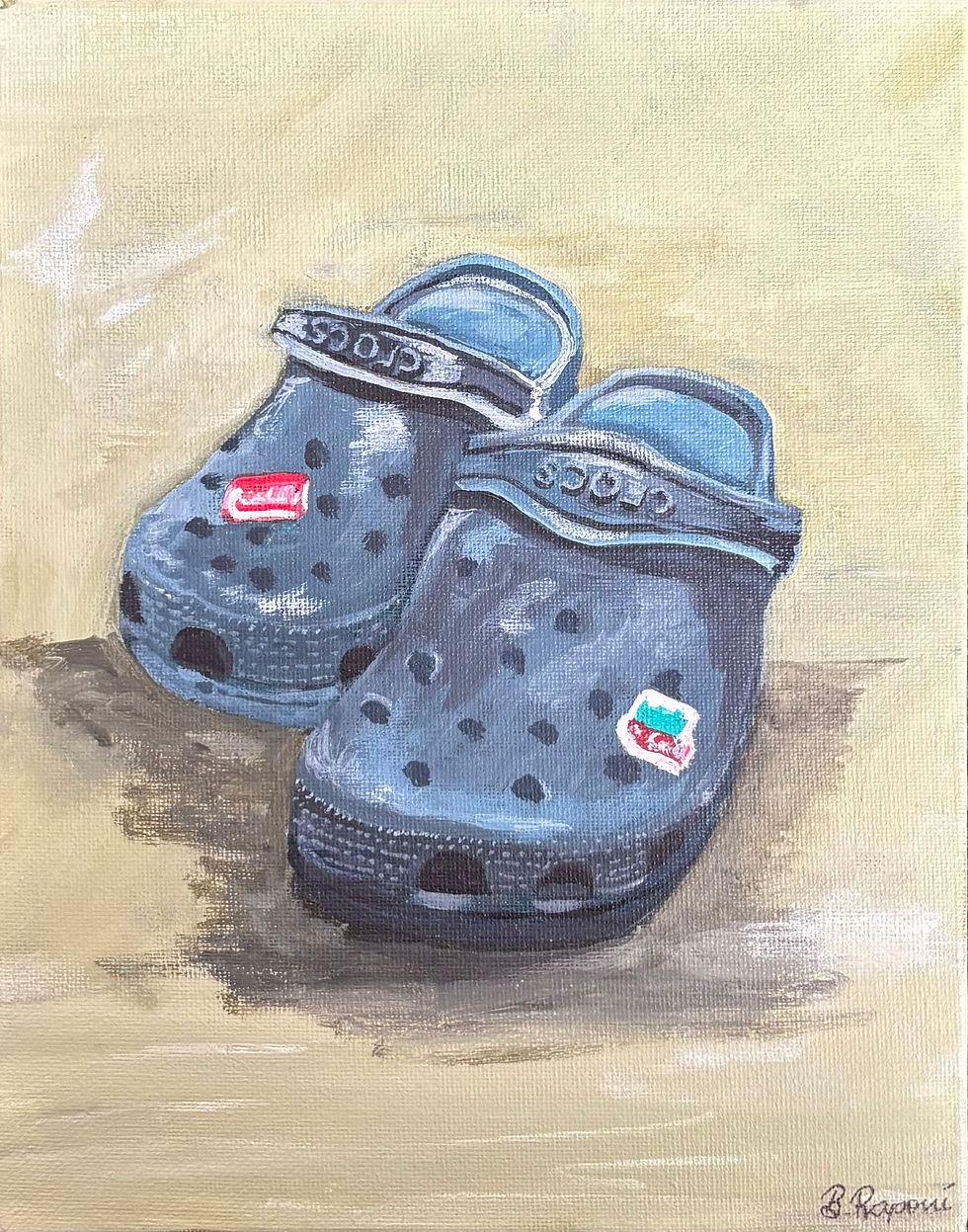 Thumbnail: A still‑life painting of a pair of blue Crocs‑style shoes resting on a beige surface. The shoes feature ventilation holes, br