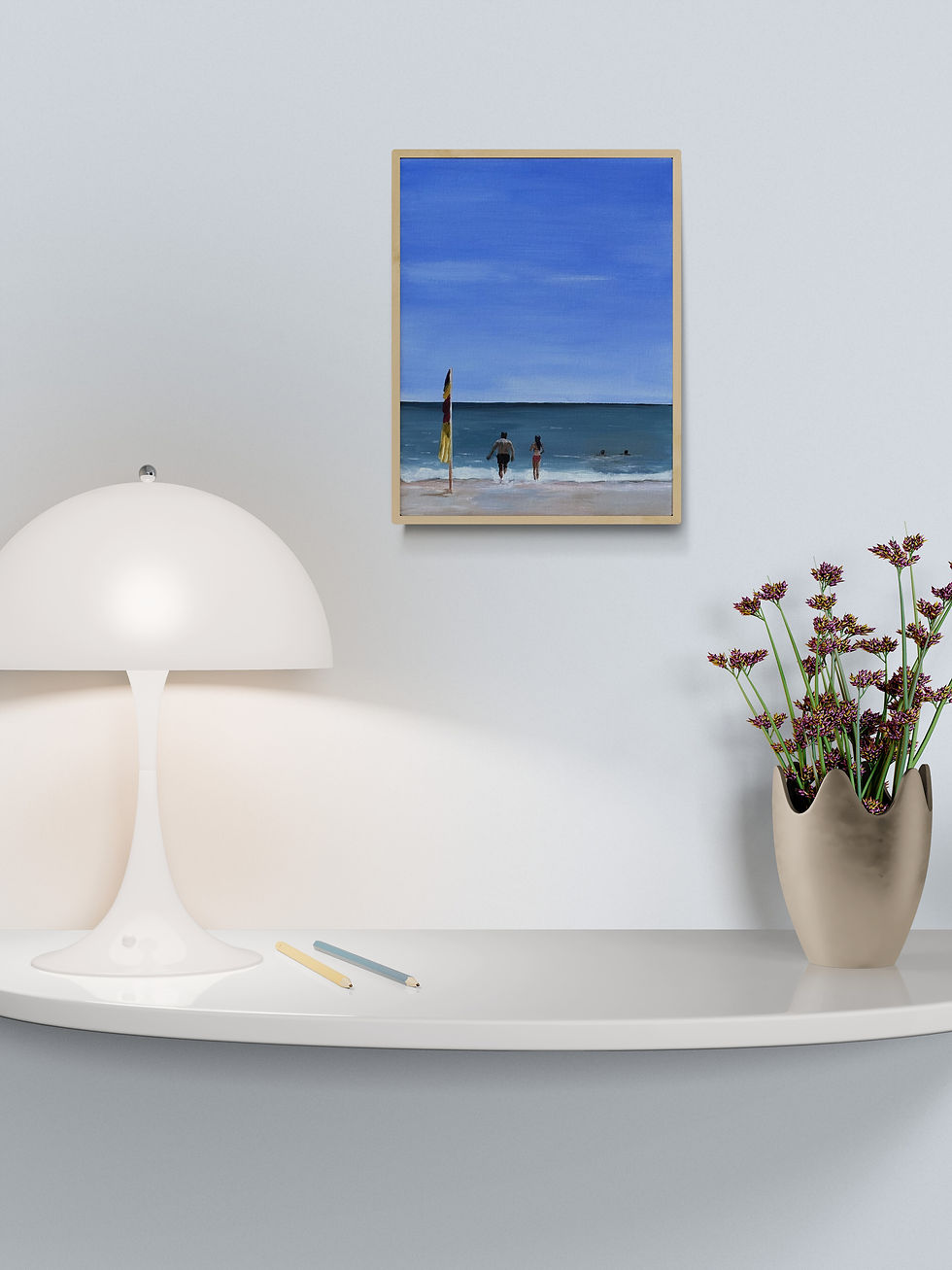 Thumbnail: Acrylic painting of swimmers entering the calm ocean on a sunny Sunshine Coast beach, with soft waves, a red and yellow safet