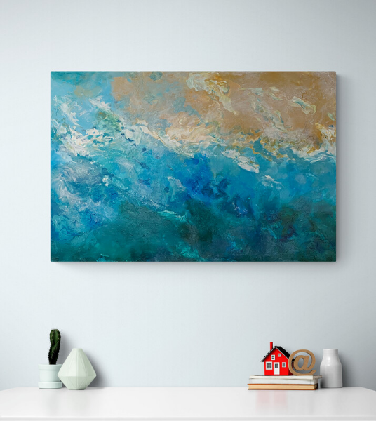 Abstract coastal painting with swirling layers of sandy beige, soft white, and deep oceanic blues and greens. The fluid blend