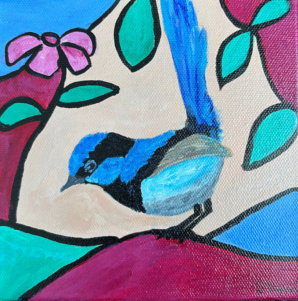 Thumbnail: A small, colourful painting of a fairy wren perched among abstract pink, turquoise, and blue shapes with simple floral and le