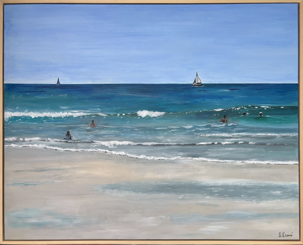 A framed painting of a calm beach scene. Gentle waves roll onto a sandy shoreline where several people wade and swim in the s