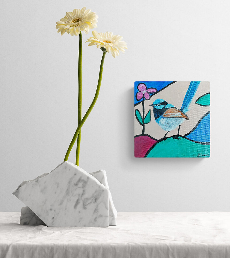 A small, colourful painting of a fairy wren perched among abstract pink, turquoise, and blue shapes with simple flora