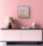 Acrylic painting of soft pink poppy-like flowers with slender green stems set against a gentle pastel background of blush, gr