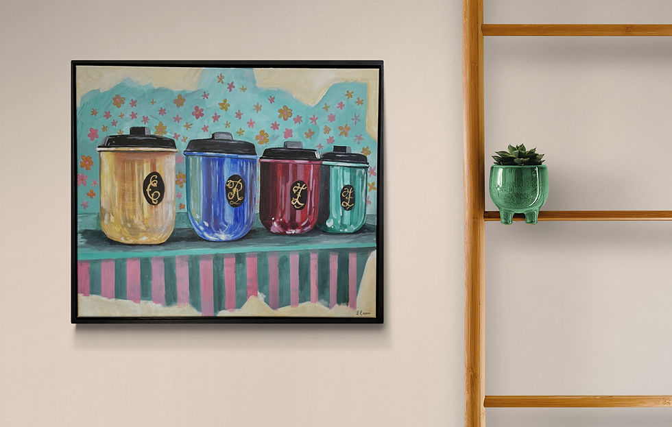 Thumbnail: “Colourful acrylic painting of vintage kitchen canisters on a striped surface with a teal floral background, modern still lif