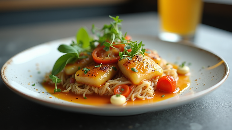 Eye-level view of a beautifully plated dish featuring vibrant colors and textures