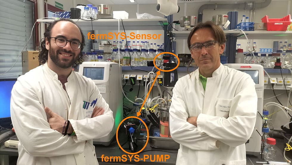Lorenzo García Tejada (M.Sc), Prof. Dr. Lars Blank in the laboratory of the Institute of Applied Microbiology (iAMB) at RWTH Aachen University, Corbion Innovation Centre (Netherlands)