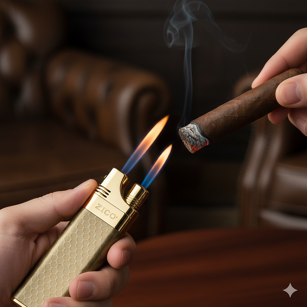 Eye-level view of a double torch lighter flame lighting a cigar foot