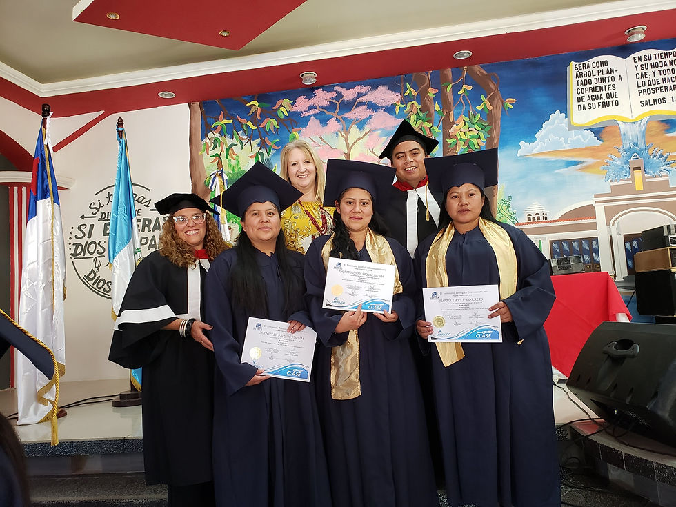 Four female seminary graduates standing with three program administrators — a joyful picture of growth, learning, and Gospel truth taking root