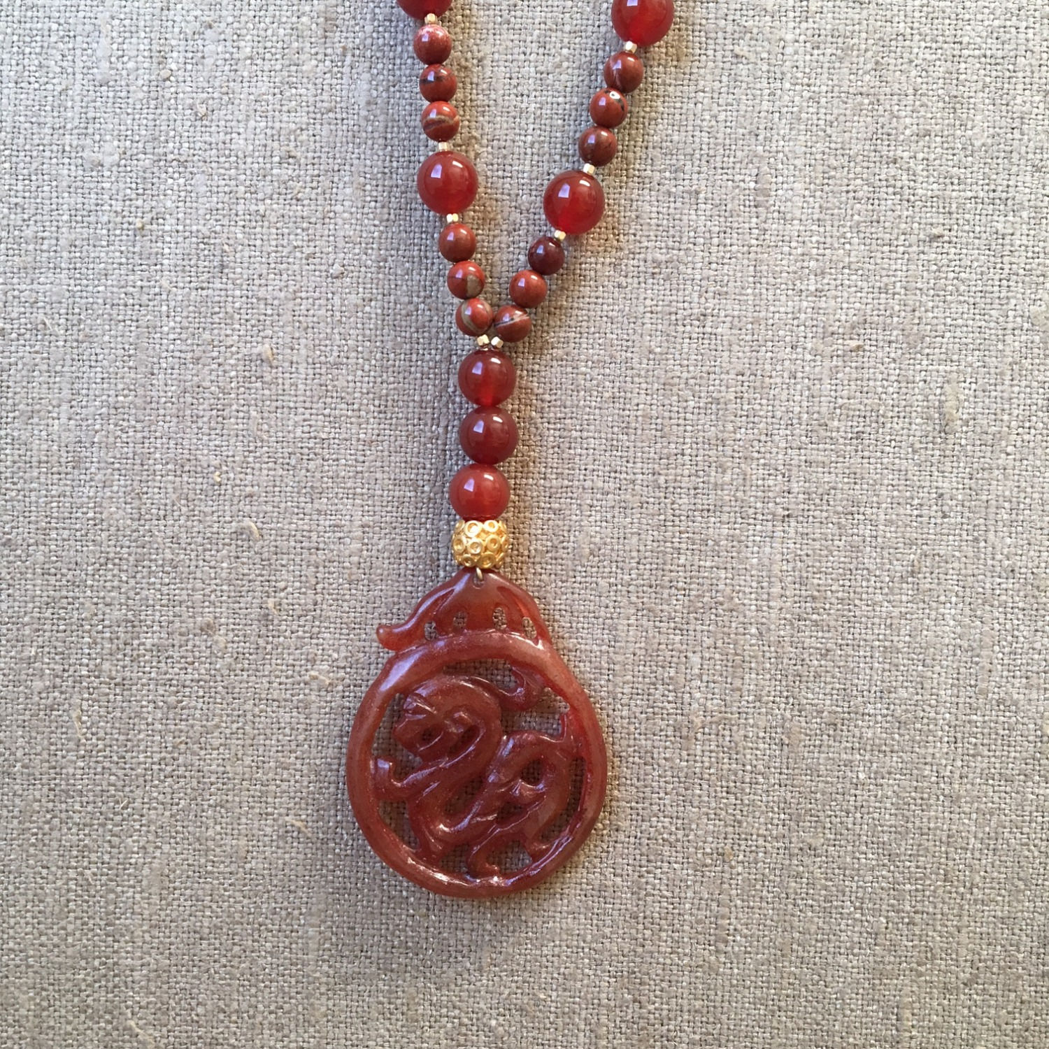 Red jasper, red agate and jade necklace