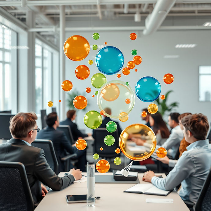 people sitting around in an office with orange, green, blue and gold bubbles around their 