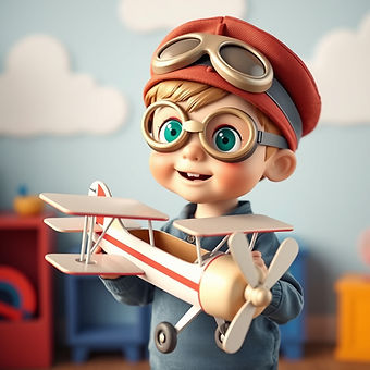 little boy wearing an aviator hat, wearing goggles and holding a little biplane. In a pre