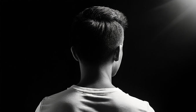 Firefly back of male head wearing a teeshirt, short to medium length hair, black backgroun