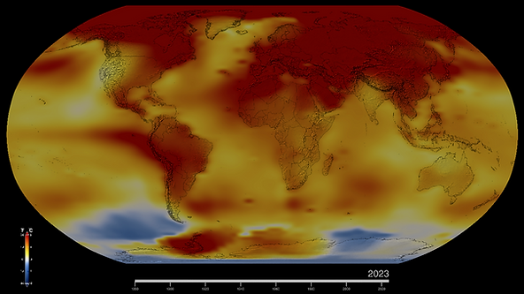 “Este mapa de la Tierra en 2023 muestra las anomalías de la temperatura global de la superficie, es decir, cuánto más cálida o fría estuvo cada región del planeta en comparación con el promedio del período de 1951 a 1980. Las temperaturas normales se muestran en blanco, las superiores a las normales en rojo y naranja, y las inferiores a las normales en azul. (Tomado de la página web de la NASA)