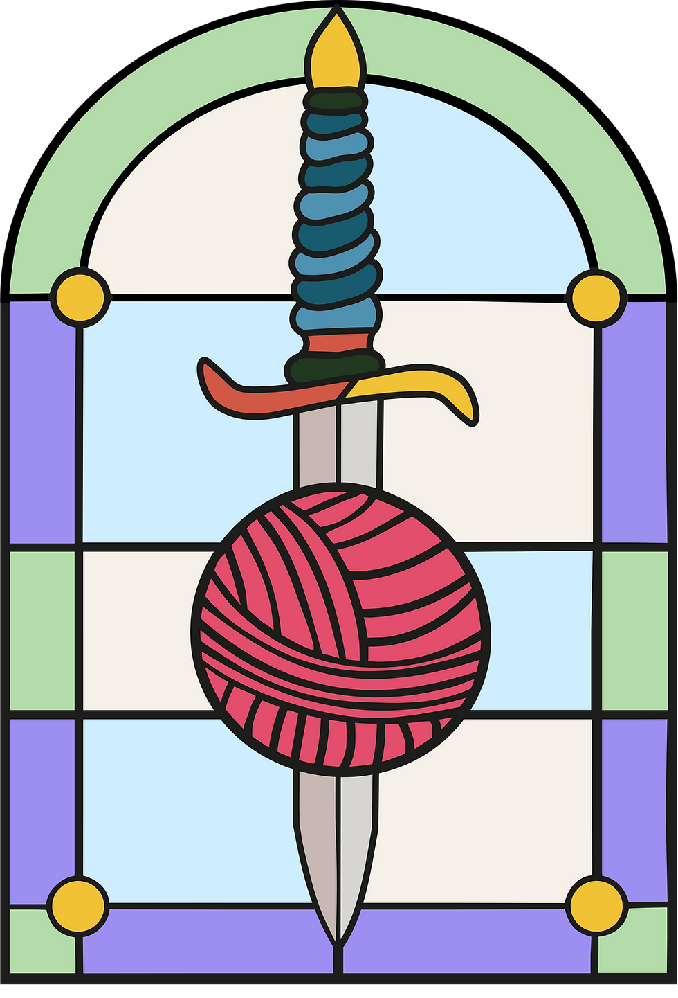 Craftinghain Logo: Schwert mit Wollknäuel vor Buntglasfenster