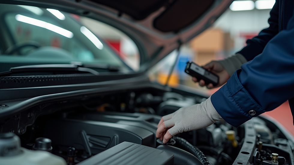 Eye-level view of a mechanic inspecting a used car engine