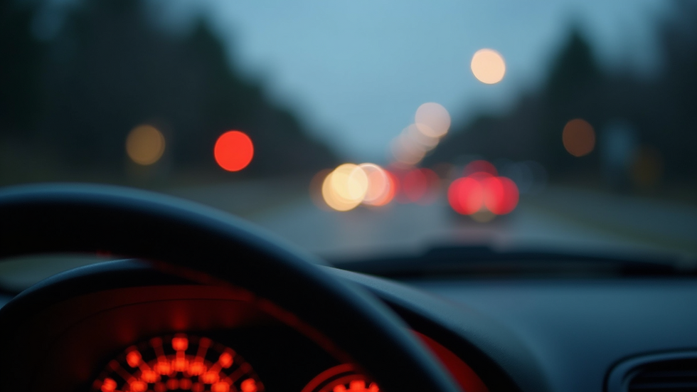 Eye-level view of car dashboard with warning lights on