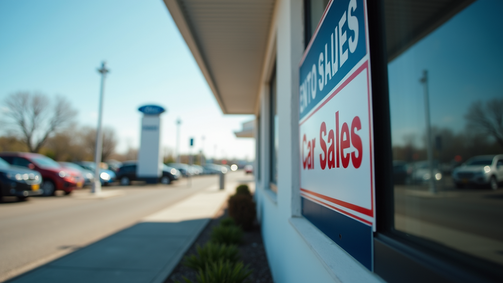 Close-up of a dealership sign indicating car sales