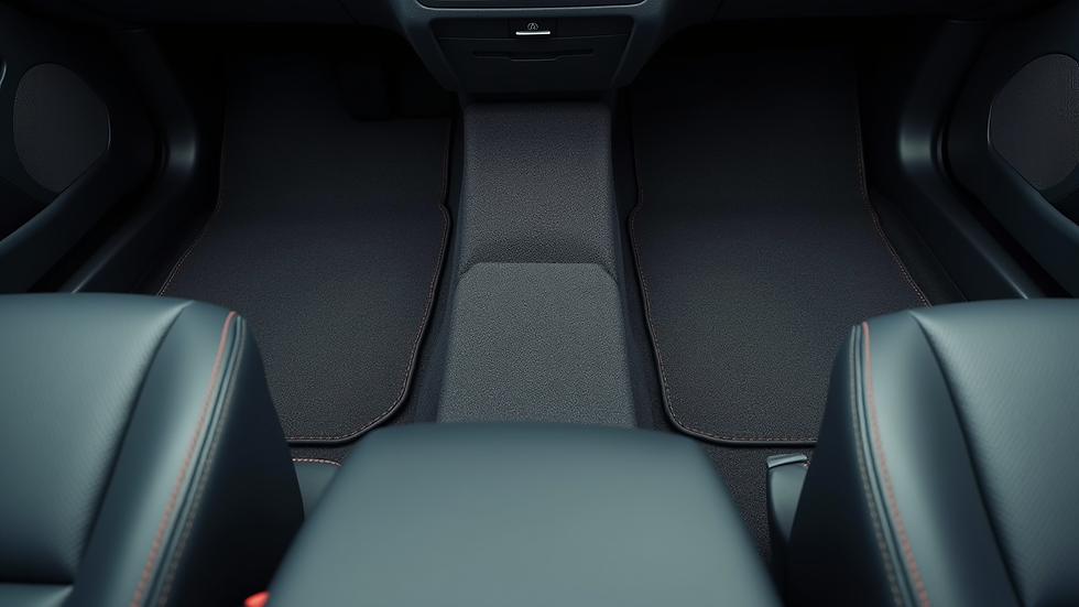 Eye-level view of car interior showing fitted carpet floor mats