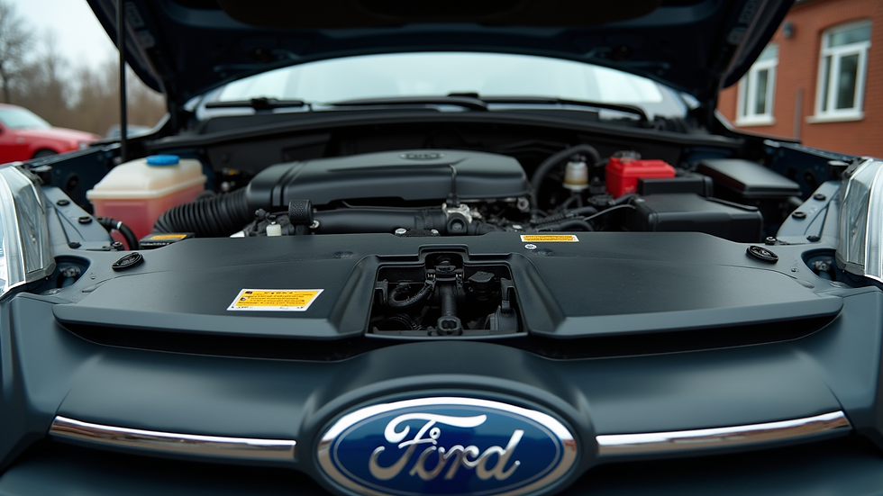 Eye-level view of a Ford vehicle engine bay with genuine parts installed