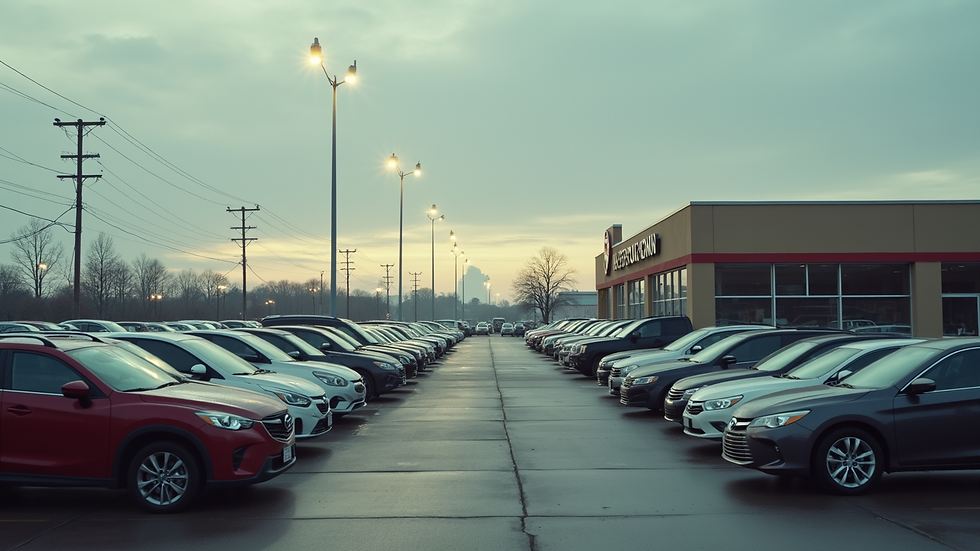 High angle view of a used car dealership lot