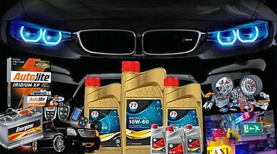 Car with oil and batteries: Autolite, Energizer, Tt, 10W-40. Automotive Autolast Ghana