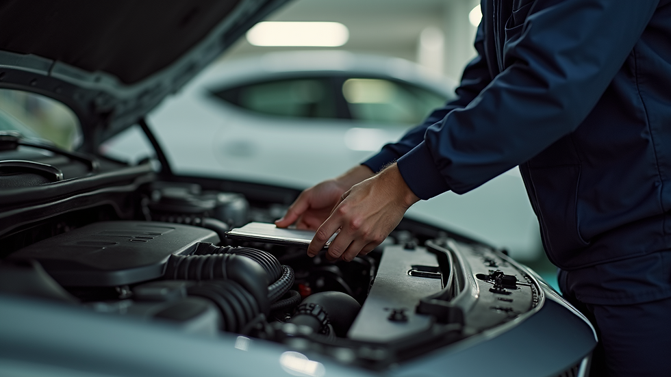 High angle view of mechanic changing car air filter