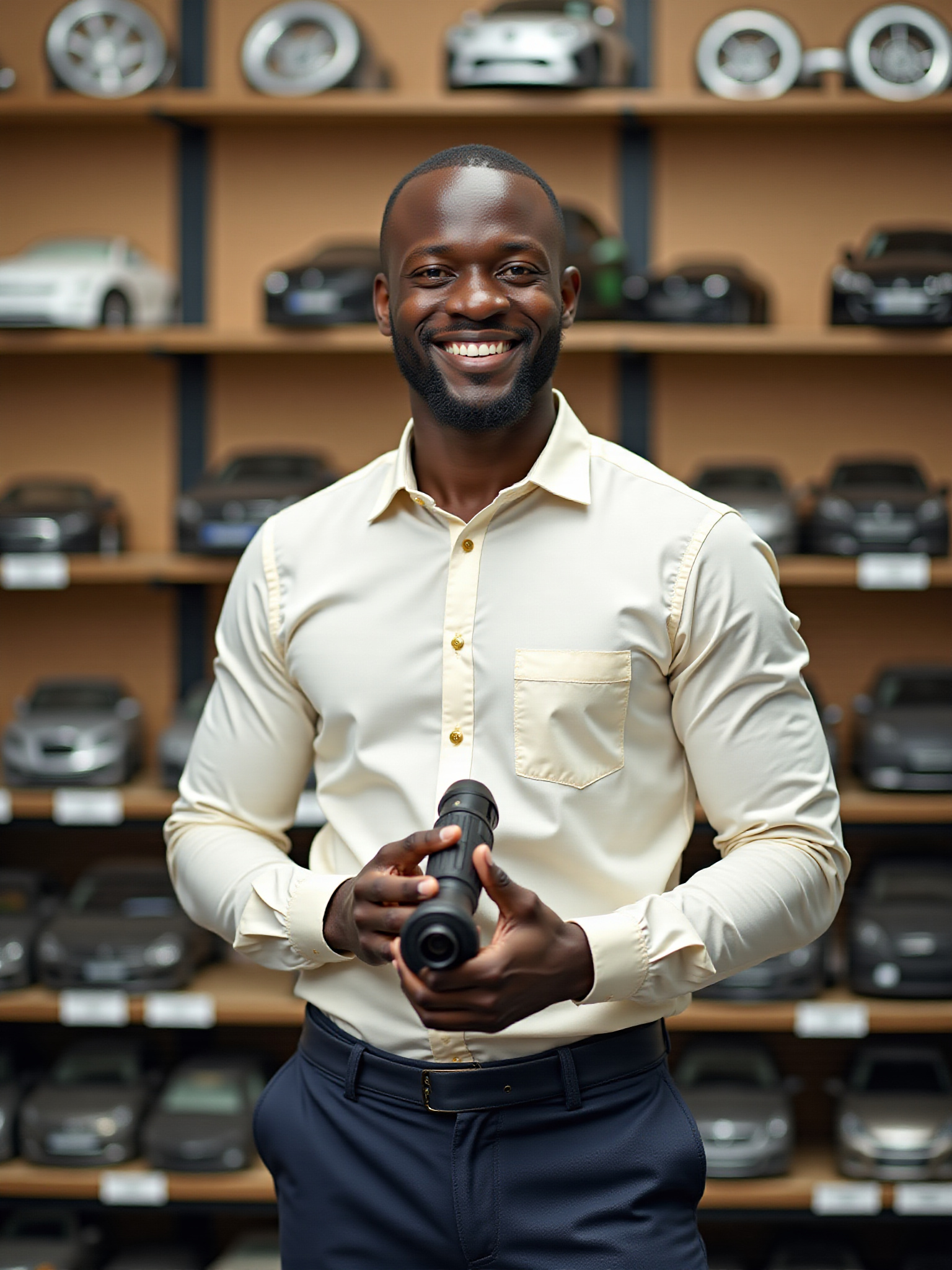 Smiling man holding equipment, car models in background. Automotive Autolast Ghana.