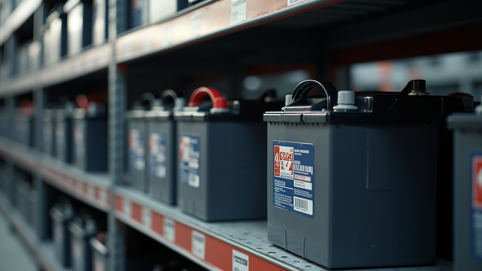 Close-up view of car batteries arranged on shelves