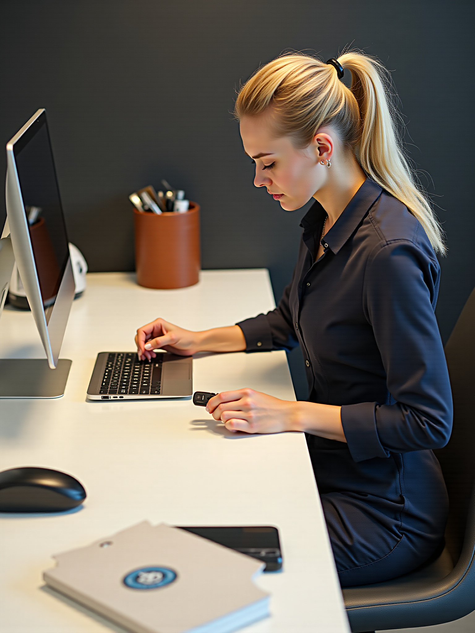 Woman working on laptop at desk with a pen holder nearby