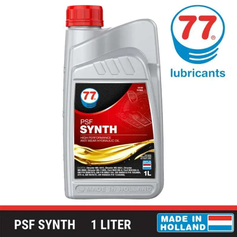 High-performance PSF Synth power steering fluid, 1-liter bottle, by 77 Lubricants. Made in Holland for advanced anti-wear hydraulic protection.