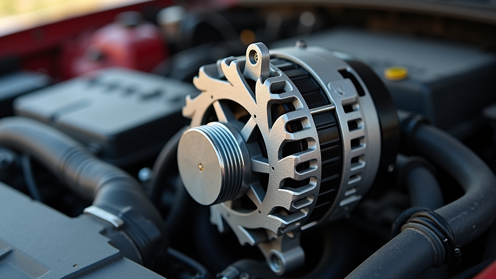 Close-up view of an auto battery and alternator side by side