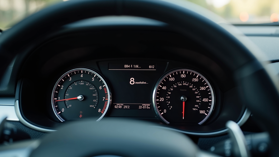 Car dashboard close-up showing speedometer, tachometer, and digital display. The scene suggests motion and travel with blurred background.