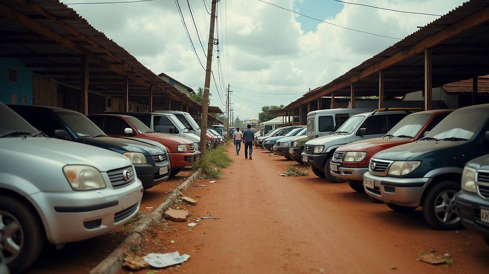 Wide angle view of a busy car parts market in Ghana