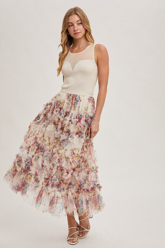 Thumbnail: Blu Ivy Floral Ruffled Mesh Midi Skirt