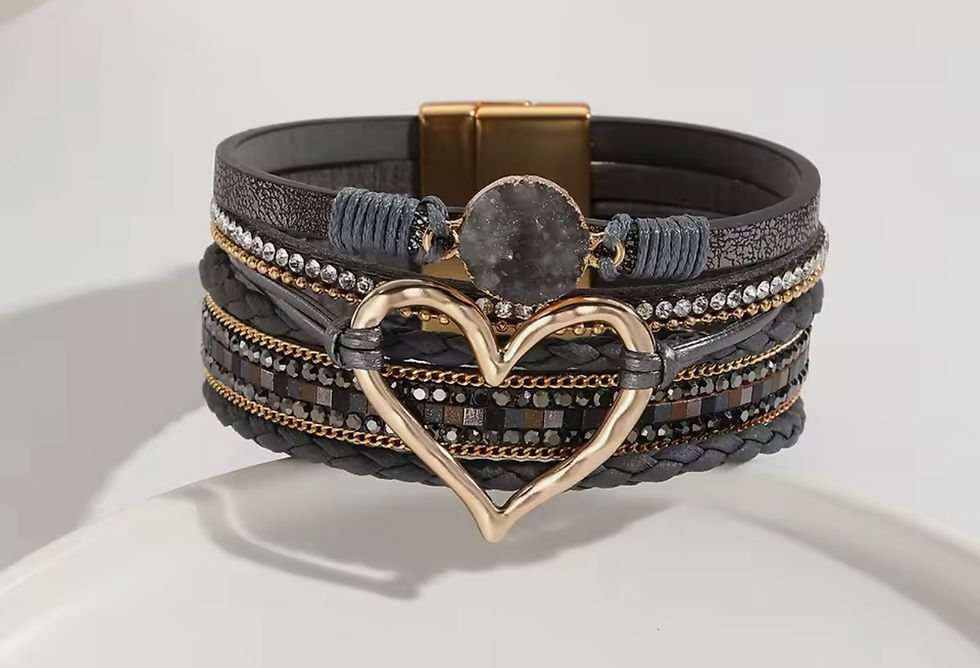 Thumbnail: Metal Love Heart Charm Leather Bracelets  Bohemian Rhinestone