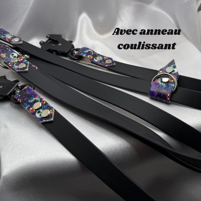 Miniature : laisse 3 points en biothane avec anneau coulissant