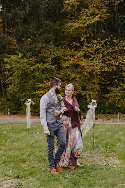 A mother and groom walking