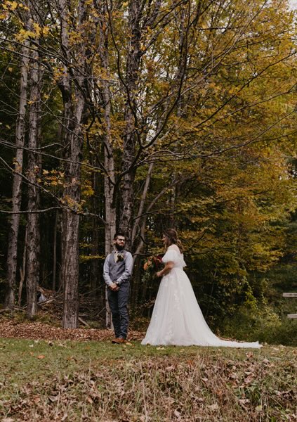 A bride and groom's first look