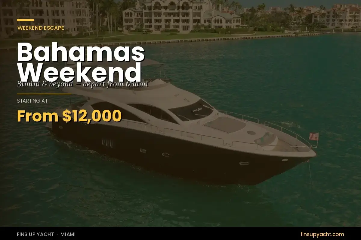 Bahamas weekend charter yacht package starting at $3,000, featuring a luxury yacht on the water with waterfront homes in the background.