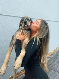a girl wearing gemstone ring with a dog