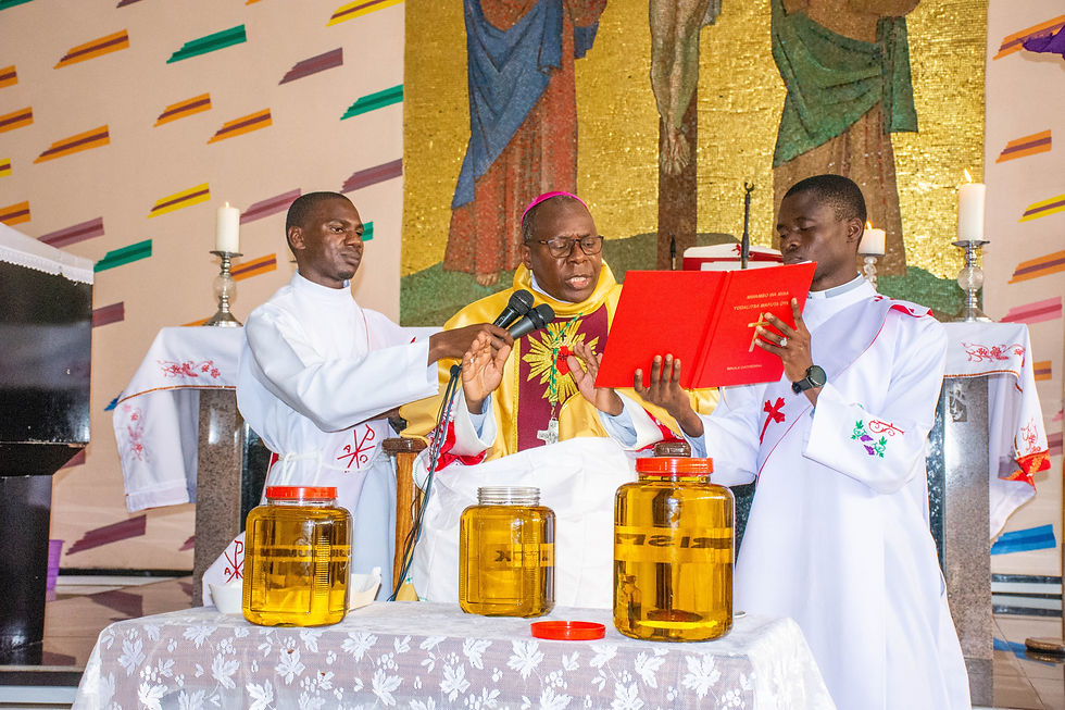 Bishop Vincent Mwakhwawa, DP, blesses the Holy Oils during the Chrism Mass at Maula Cathedral on Tuesday