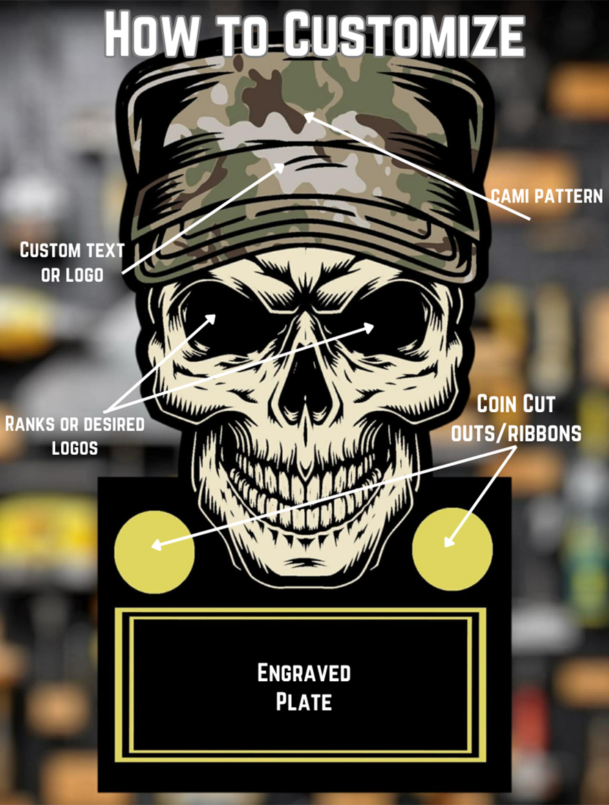 Thumbnail: Custom military plaque with large base displaying challenge coins and ribbons