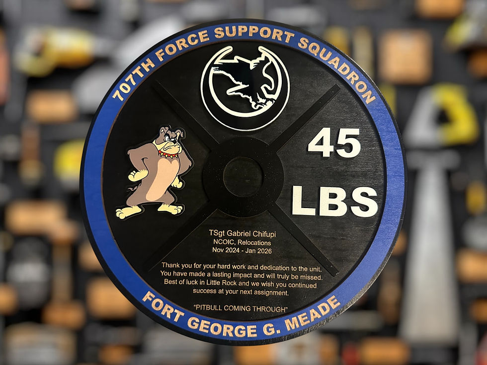 Thumbnail: Handmade Navy weight plate plaque customized with rank, command, and imagery